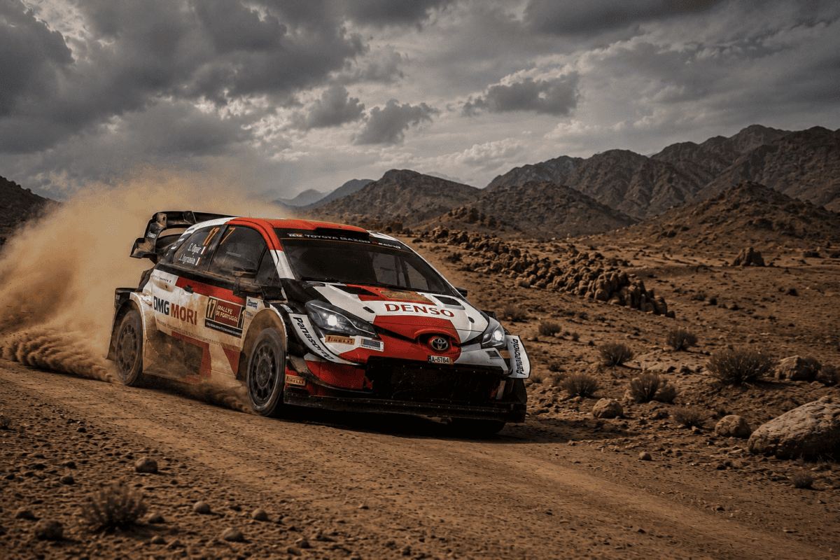 Rally car speeding through a dusty desert with rocky hills in the background, kicking up sand behind it.